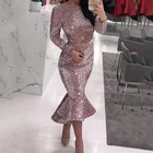 Женское блестящее платье с длинным рукавом, облегающие платья, подиумное винтажное вечернее платье-русалка, сексуальные платья средней длины, одежда для вечеринки