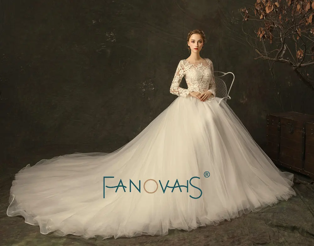 2019 С Длинным Рукавом Кружева Свадебное Платье Принцесса Vestido Dе Noiva Женщины Белое