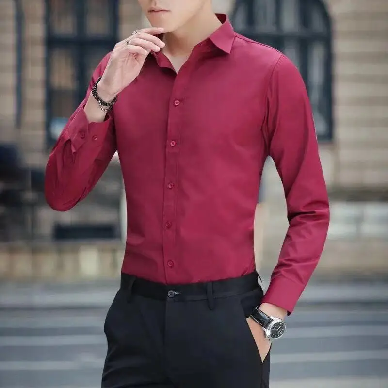 Red Мужская деловая рубашка больших размеров 4XL 5XL, рубашка с длинными рукавами, белая, синяя, черная, красная, умная Мужская Повседневная рубашка, плюс HOWDFEO - Цвет: Red