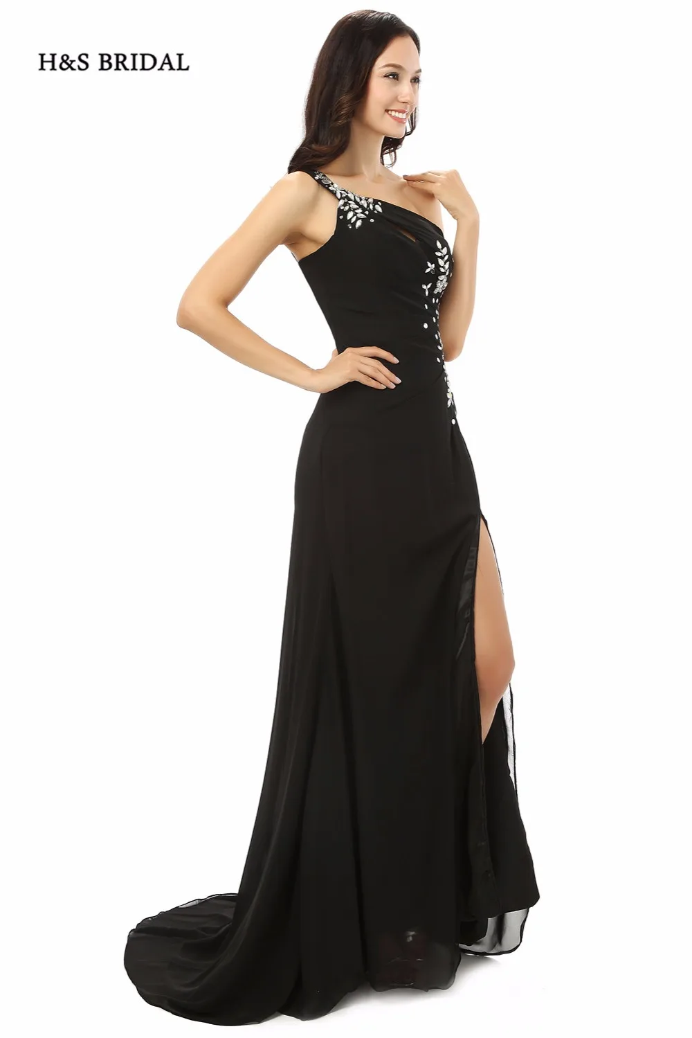 Женское вечернее платье H &amp S черное с одним открытым плечом и Боковым Разрезом