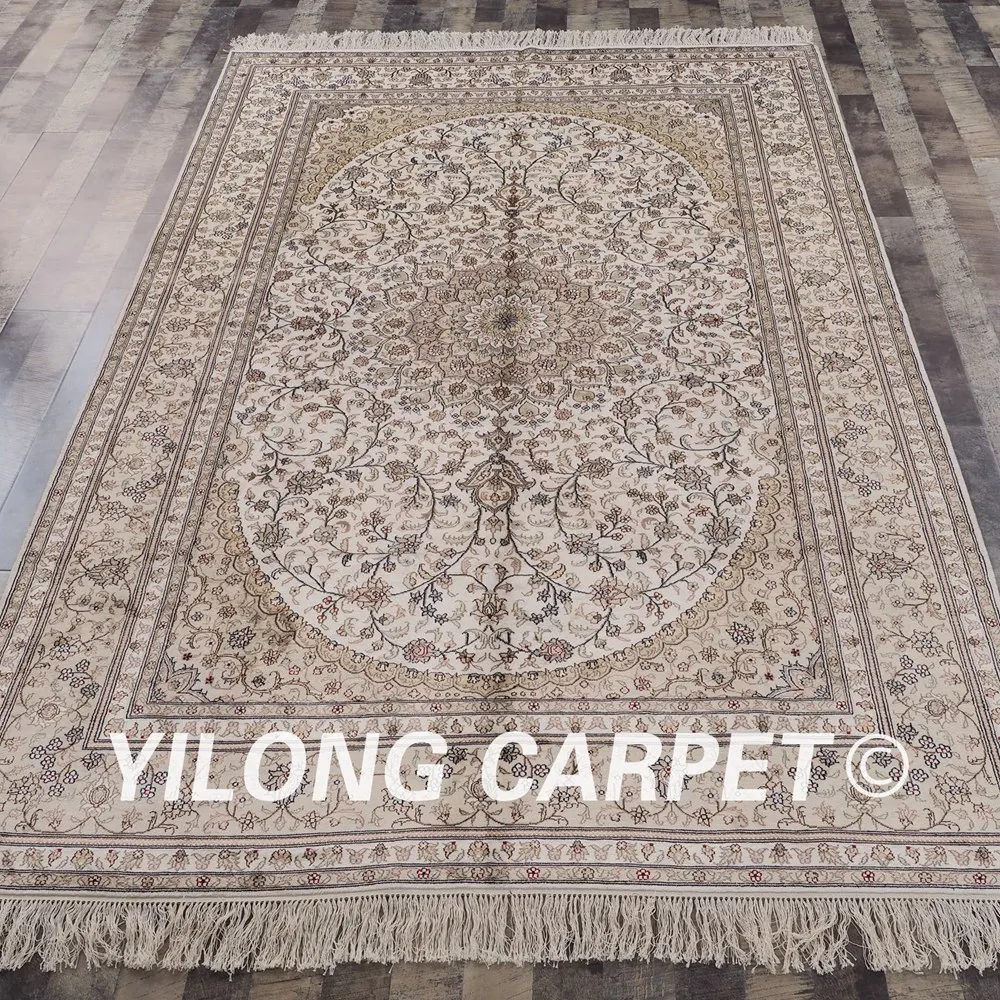 YILONG 6 'x 9' qum Шелковый выгодный ковер изысканный цветочный белый и бежевый