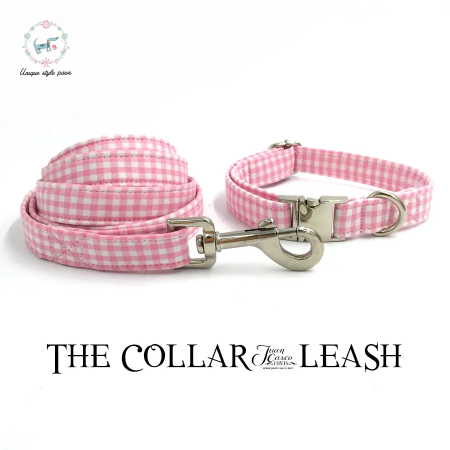 Dog Collar And Leash Set With Bow Tie Cotton Dog &Cat Necklace And Dog Lead Fashion Pink And White Plaid