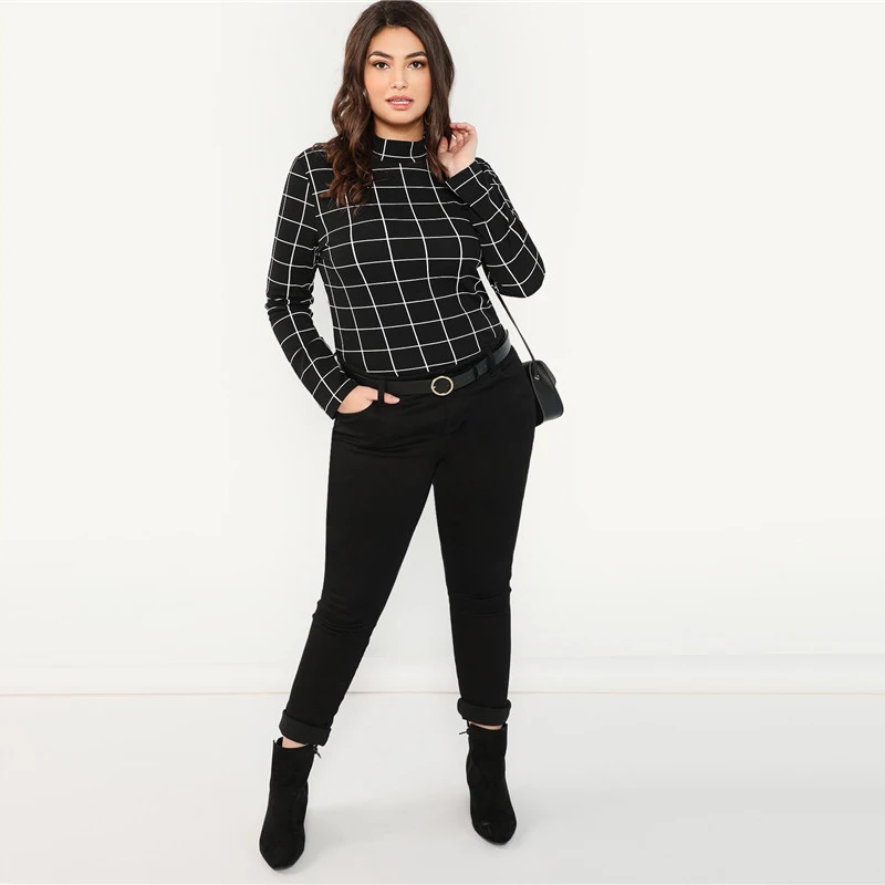 SHEIN Джемпер Размера Плюс С Длинным Рукавом В Клетку, Клетчатый Офисный Джемпер