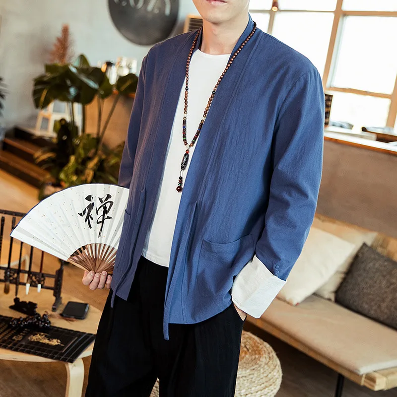 Chinese Style New Coat Large Size Men Kimono Patch Pocket Jacket Coarse Cloth Hanfu Linen Thin Male Plus M-5XL | Мужская одежда