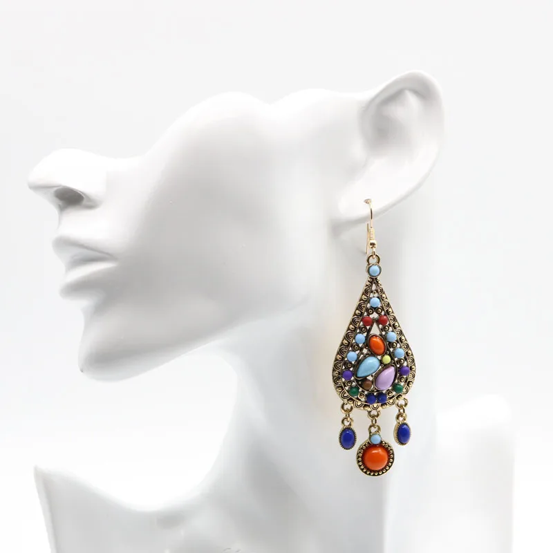 Винтажное Античное золото Индийский стиль Jhumka каплевидные геометрические камни висячие серьги цыганское богемное ювелирное изделие женские аксессуары