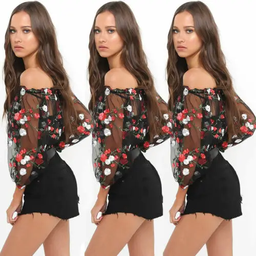 2019 женские черные топы с открытыми плечами и длинным рукавом Прозрачная Футболка