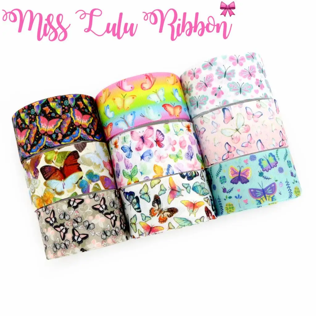 

16mm-75mm Colorful Butterfly Series Printed Grosgrain/Foe Ribbon Rainbow Stripes DIY Hair Bowknots Gift Pack Decor 50yards/roll