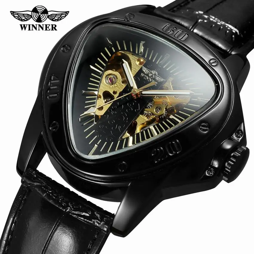 

winner Sport Racing Design Geometric Triangle Design Genuine Leather Strap Mens Watches Top Brand Luxury Automatic Wrist Watch