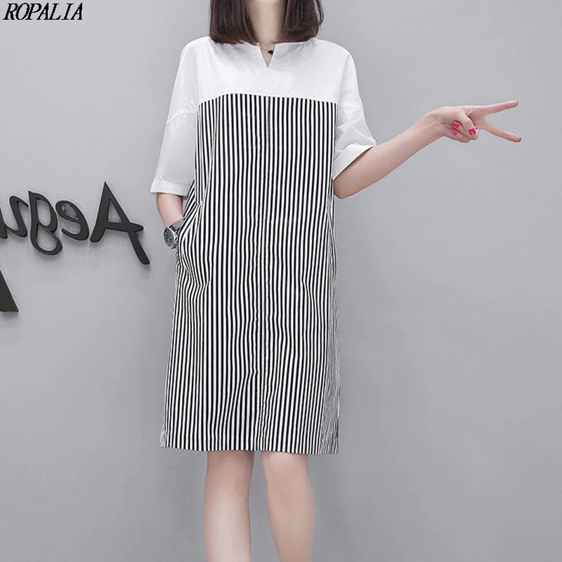 

Women Midi Dress Striped V-Neck Pockets Half Sleeve O-Neck Patchwork Loose Dresses