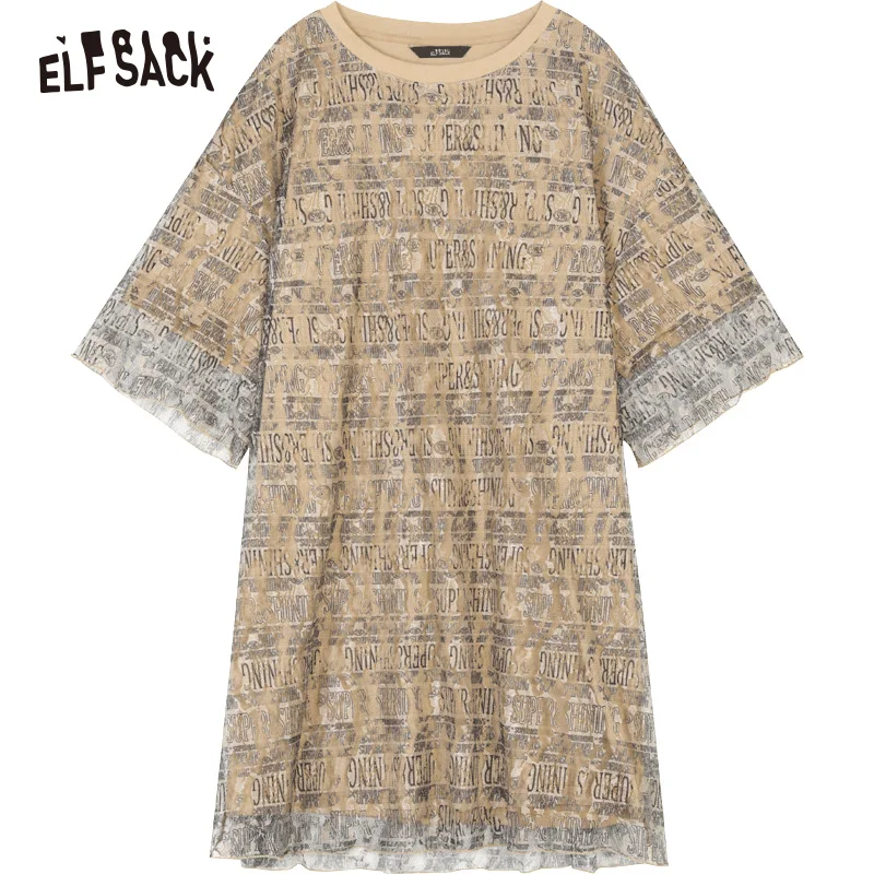 ELFSACK винтажное женское платье с буквенным принтом и сеткой повседневное