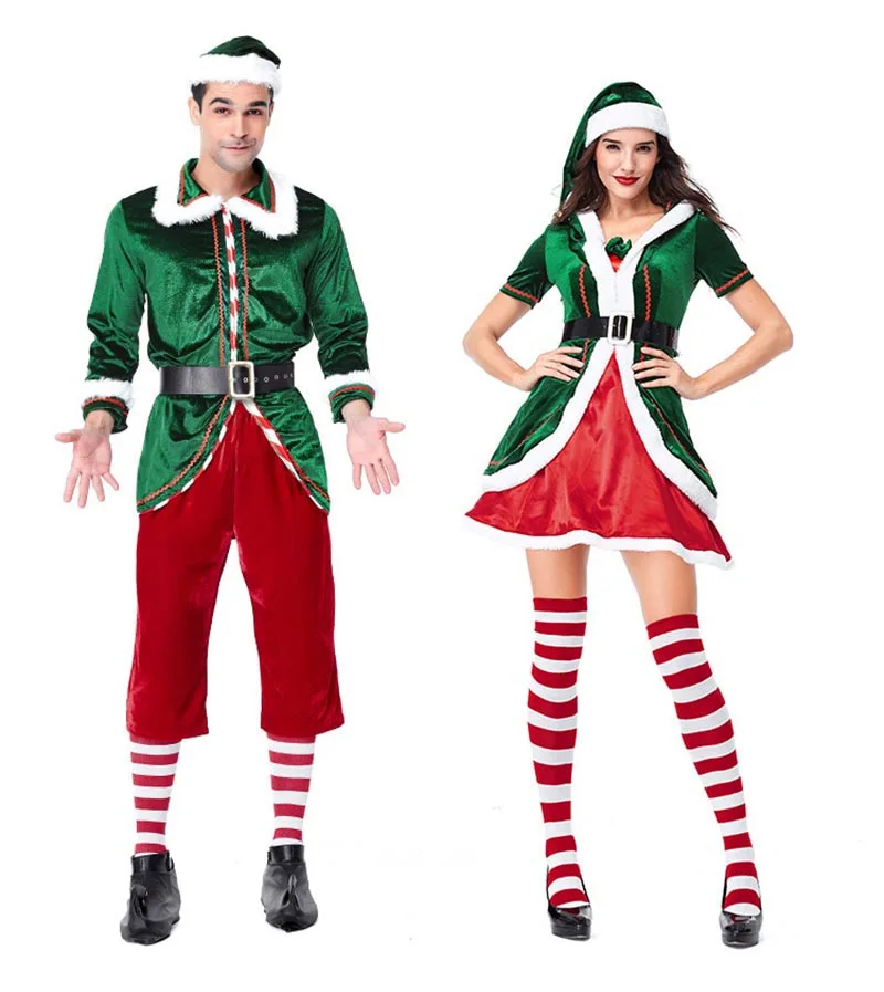 

Adult Couple Christmas Elf Costume Green Elf Cosplay Costume Santa Claus Costume Xmas Party Dress For Women Men Plus Size 2XL
