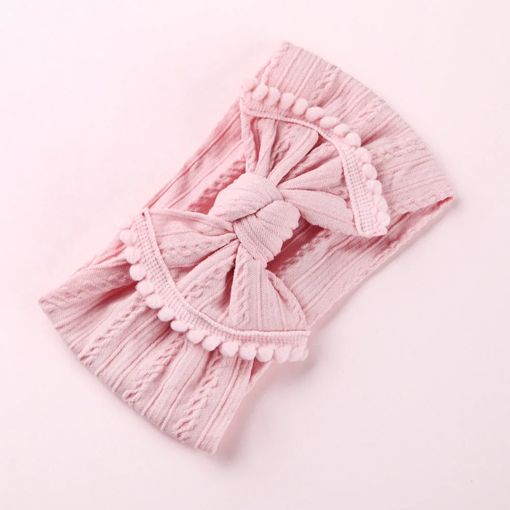 Blush Вязаный бант из нейлона, ободки с помпоном, широкие нейлоновые повязки на голову, подарок для девочек, аксессуары для волос - Цвет: Blush