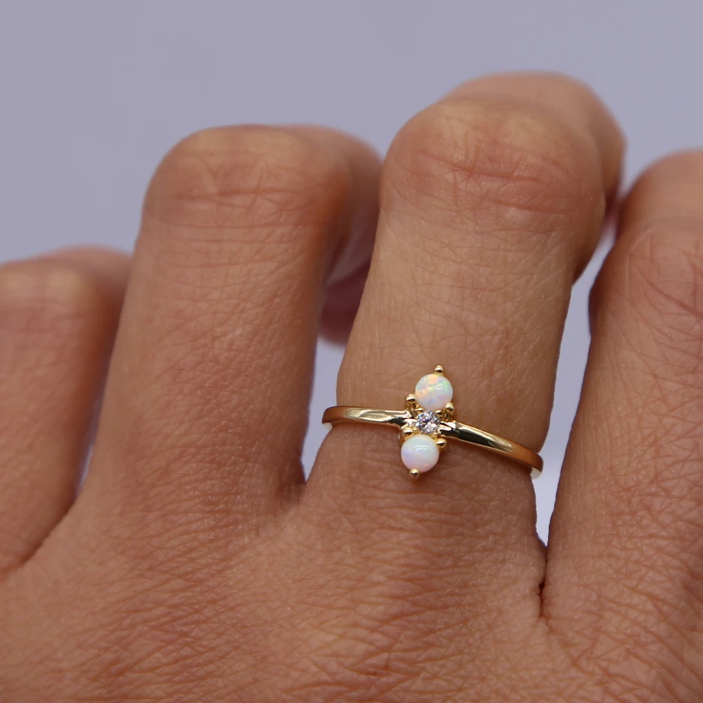 top quality simple delicate rings gold color thin round band young girl lady gift dainty White fire opal ring girly | Украшения и