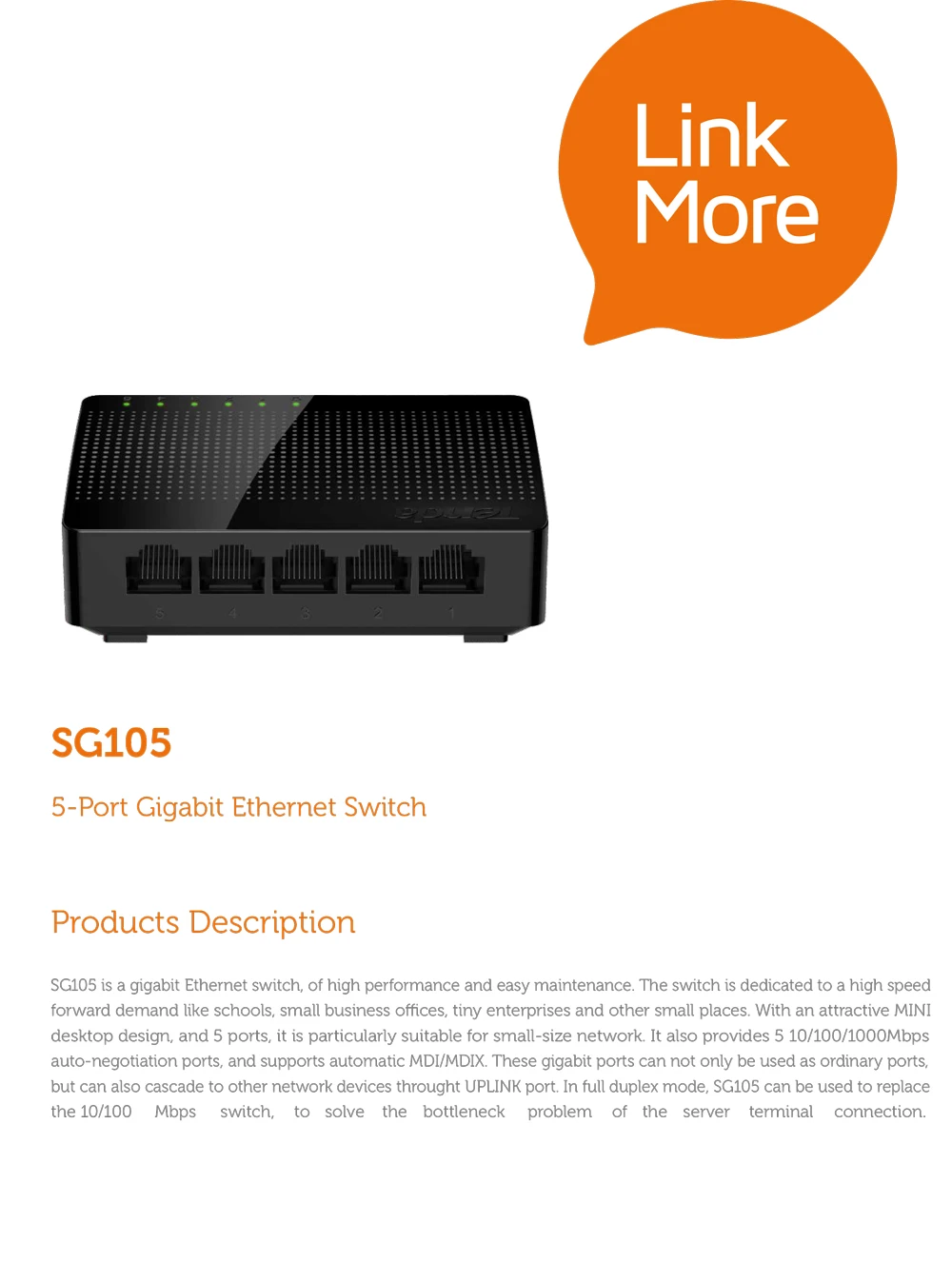 Tenda SG105 Ethernet переключатели 5 гигабитный Порт настольный коммутатор 10/100/1000 Мбит/с RJ45 Порты и разъёмы SOHO коммутатор