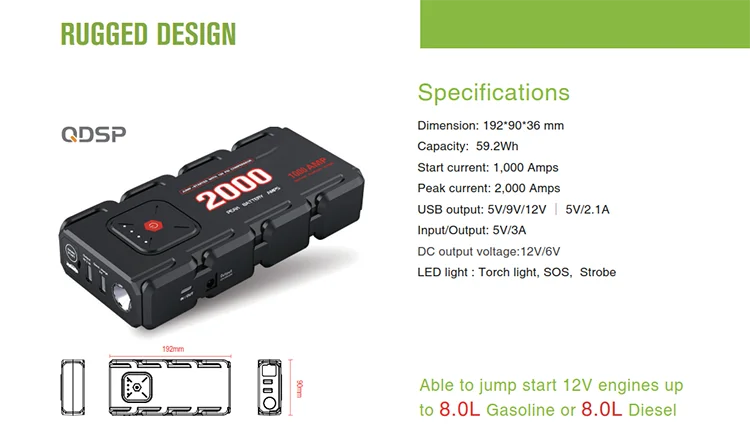 Стартер скачка автомобиля 2000A батарейный блок бустер 2USB зарядное устройство аккумулятор внешний аккумулятор