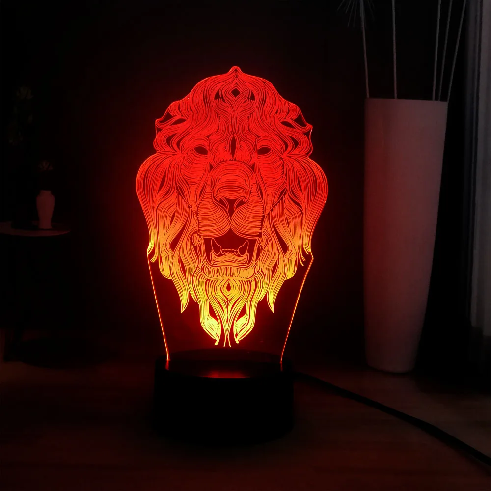 Удивительное животное 3D креативная голова льва 7 цветов Изменение LED украшение
