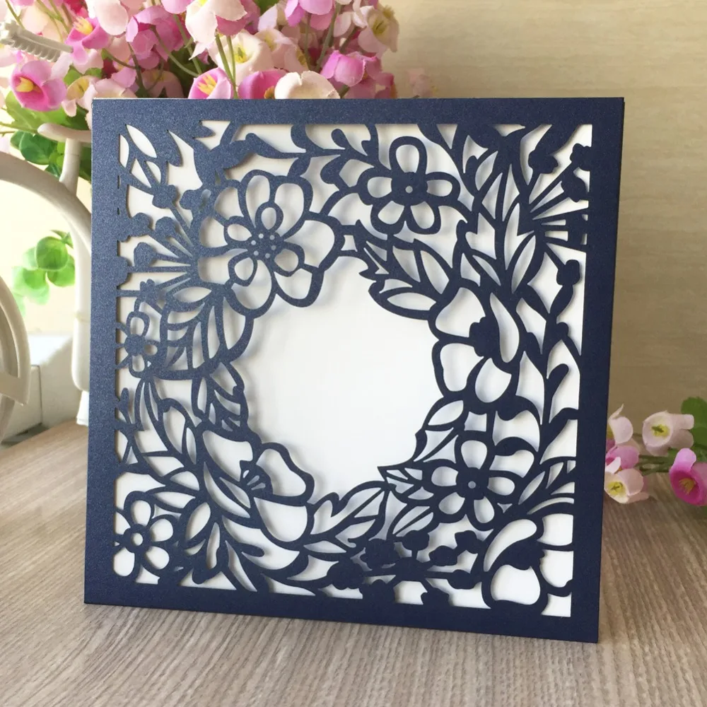 

100pcs/lot Laser Cut Hollow Carved Small Flora Pattern Wedding Invitations Event Party Supplies Birthday Greeting Card