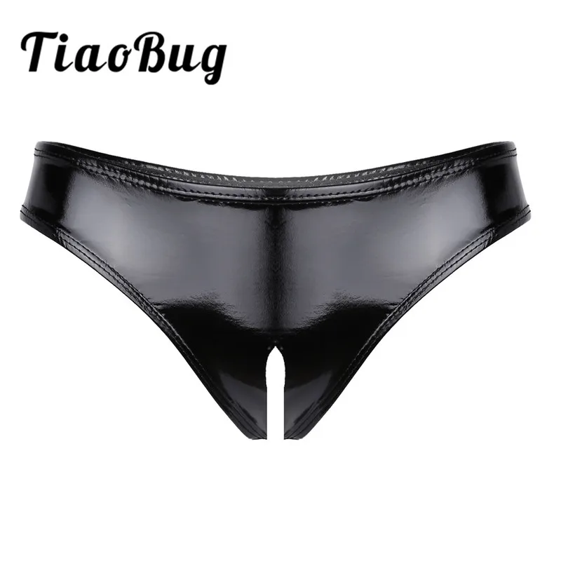 Женские лакированные трусы мини TiaoBug черные без косточек с заниженной талией