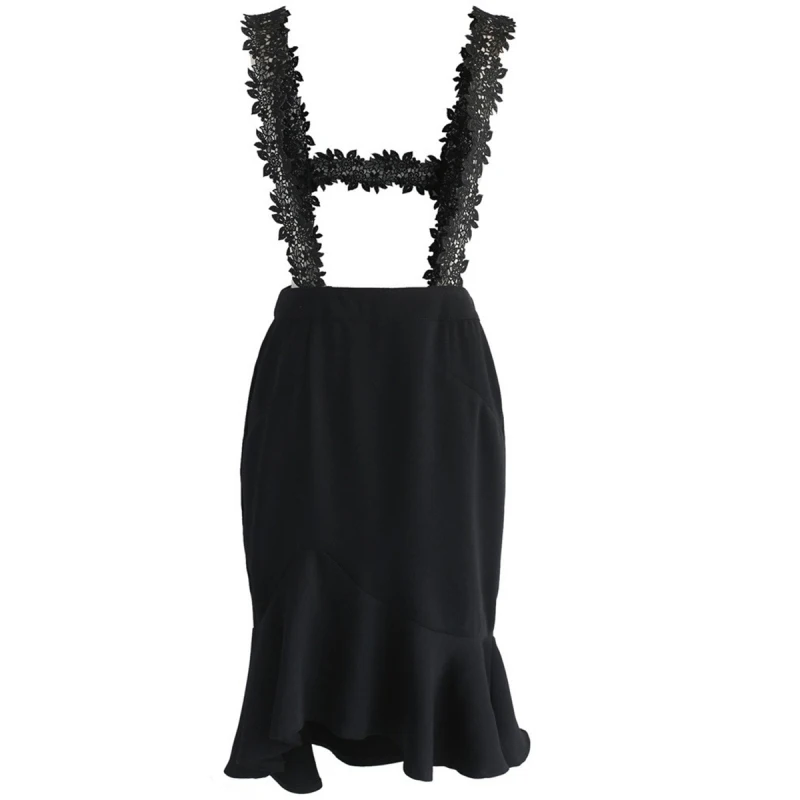 Misskoko Women Floral Lace Strap Solid Black Fishtail Skirt Office Lady High Low Frills Waist Bodycon | Женская одежда