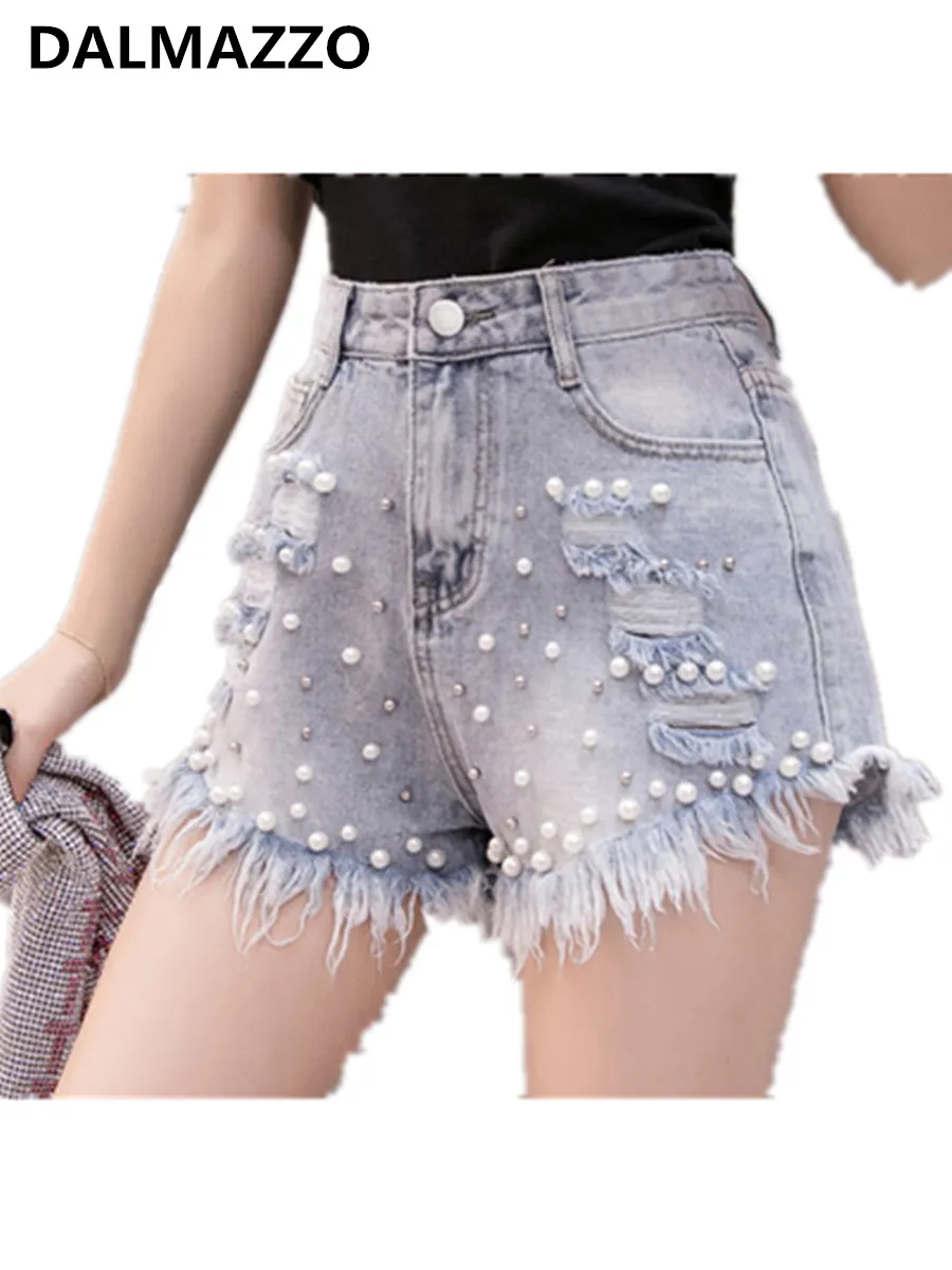 

Women High Waist Beading Denim Shorts Pants Femme 2020 Newest Summer Tassel Large Size Sexy Short Jeans Wide Leg Pants XL