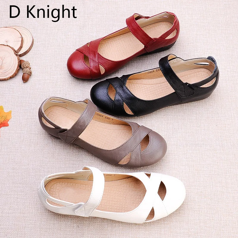 2021 Summer Shoes Women Genuine Leather Flat Sandals Comfortable Soft Hollow Hole Casual Mary Janes Ethnic Women's Shoes Sandals