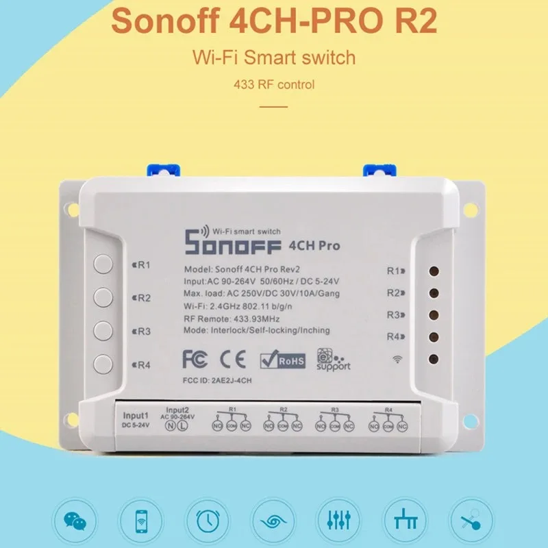 

Смарт светильник ель Sonoff 4CH Pro R2 с поддержкой Wi-Fi, 433 МГц