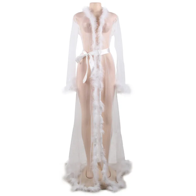 White Long Sleepwear Экзотический ночной халат, длинное прозрачное сексуальное женское белье размера плюс, длинная ночная рубашка с длинными рукавами, сексуальные пижамы для женщин RW80759 - Цвет: White Long Sleepwear