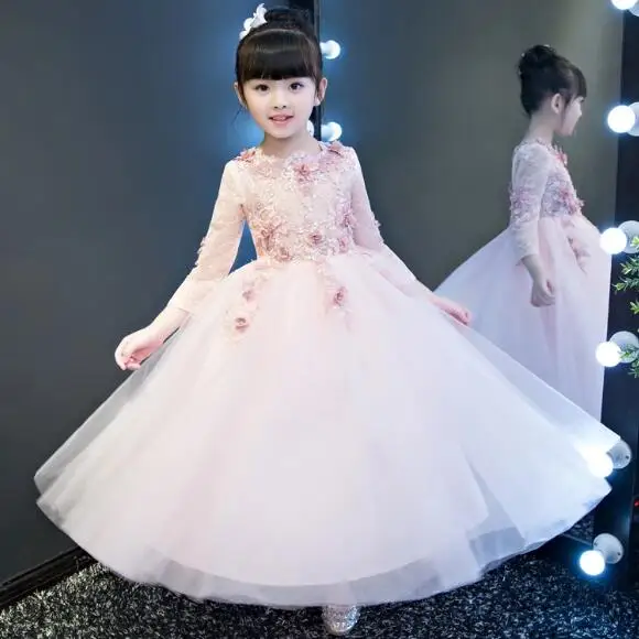 long style Г., платья с длинными рукавами и цветочным узором для девочек на свадьбу, Розовое Кружевное нарядное платье для девочек на день рождения платье принцессы, детское осеннее платье - Цвет: long style