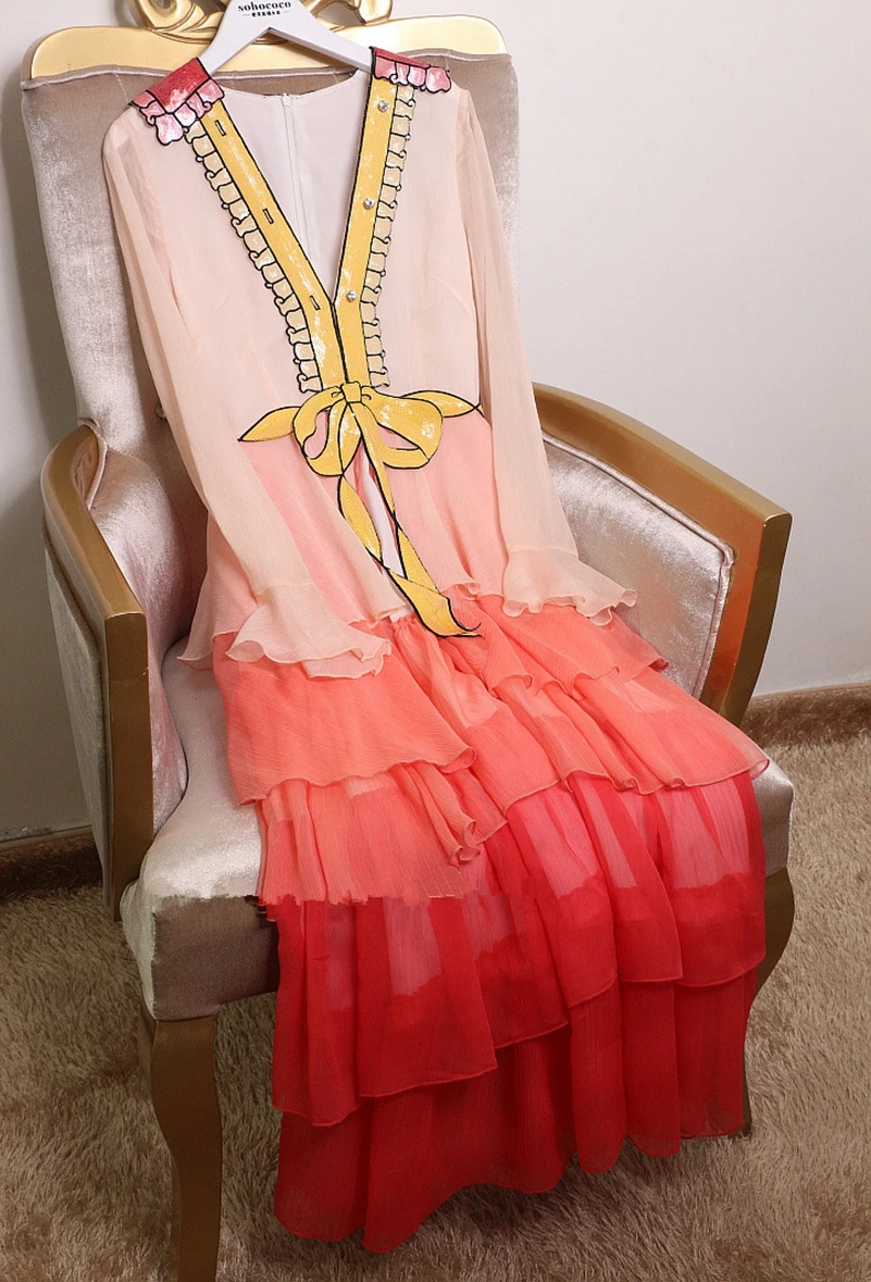 SexeMara fashion The New V-neck Bow Mesh perspective Gradient cake dress Free shipping | Женская одежда