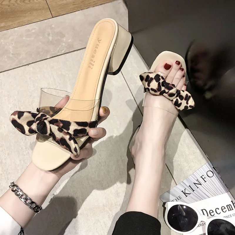 Летние женские прозрачные тапочки с леопардовым принтом на Высоком толстом