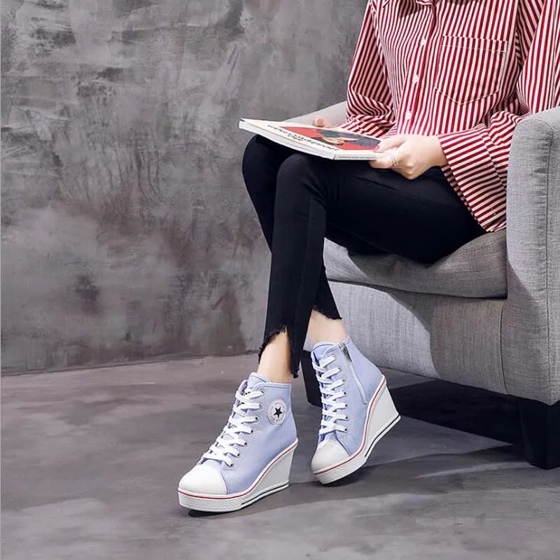 

Sexy Women Wedge Shoes Canvas Platform Sneaker Woman Side Zipper Wedges High Heeled Large Size Super High Heels Boots Size 43