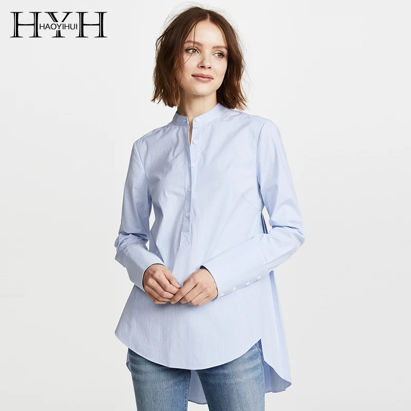 Рубашка HYH HAOYIHUI женская с длинным рукавом в полоску ассиметричный топ стиле