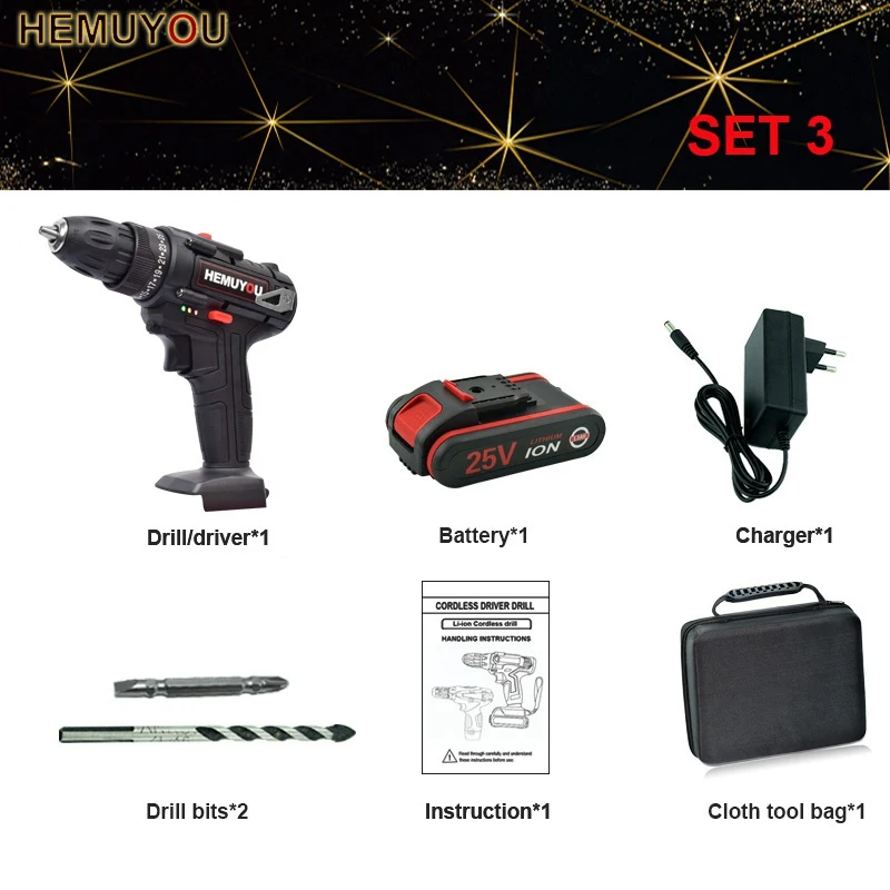 SET 3 Алюминиевая крышка, 25В электрическая отвертка литиевая Батарея электродрель Перезаряжаемые многофункциональная Мощность инструменты 2-Скорость - Цвет: SET 3