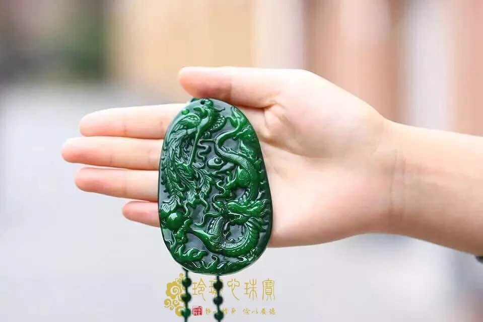 

Genuine natural Burmese stone pendant carved green dragon and phoenix pendants men and women jewelry JADES jewelry beads