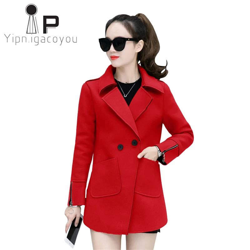 Autumn Winter Red Wool Coat Women Windbreaker Plus size Slim Caramel Blend Jacket Outwear Casual Woolen Female | Женская одежда