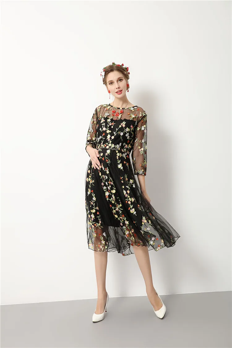 Цветочная вышивка черные летние платье для беременных ночь часть платья