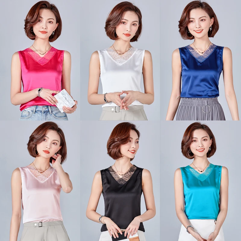 Lace V-Neck Satin Silk Top Sexy Tops for Women Fitness Tank Green Elegant Workwear Women's Sleeveless Plus Size XXXL | Женская