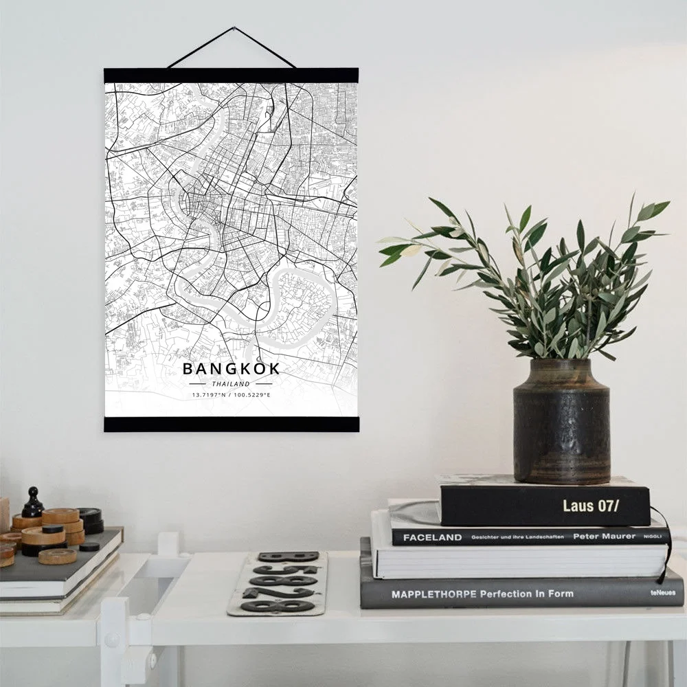 

Bangkok, Thailand City Map Wooden Framed Canvas Painting Home Decor Wall Art Print Pictures Poster Hanger