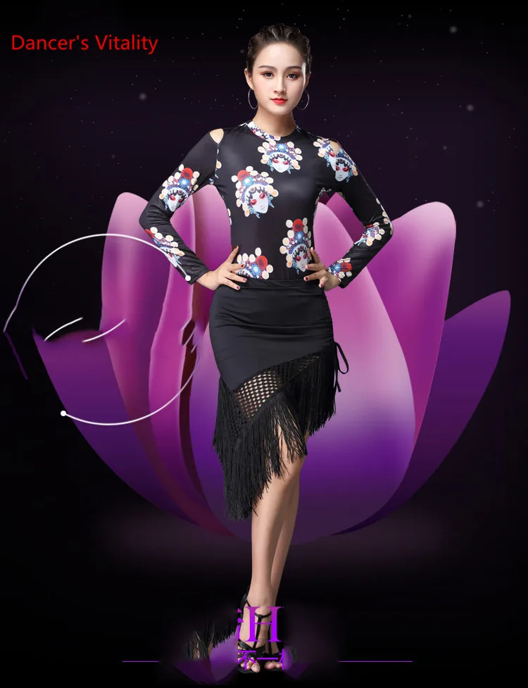 Women Long Sleeve Milk Silk Latin Dance Blouse Top Practice Sexy printing Round Neck White Black Free Shipping | Тематическая