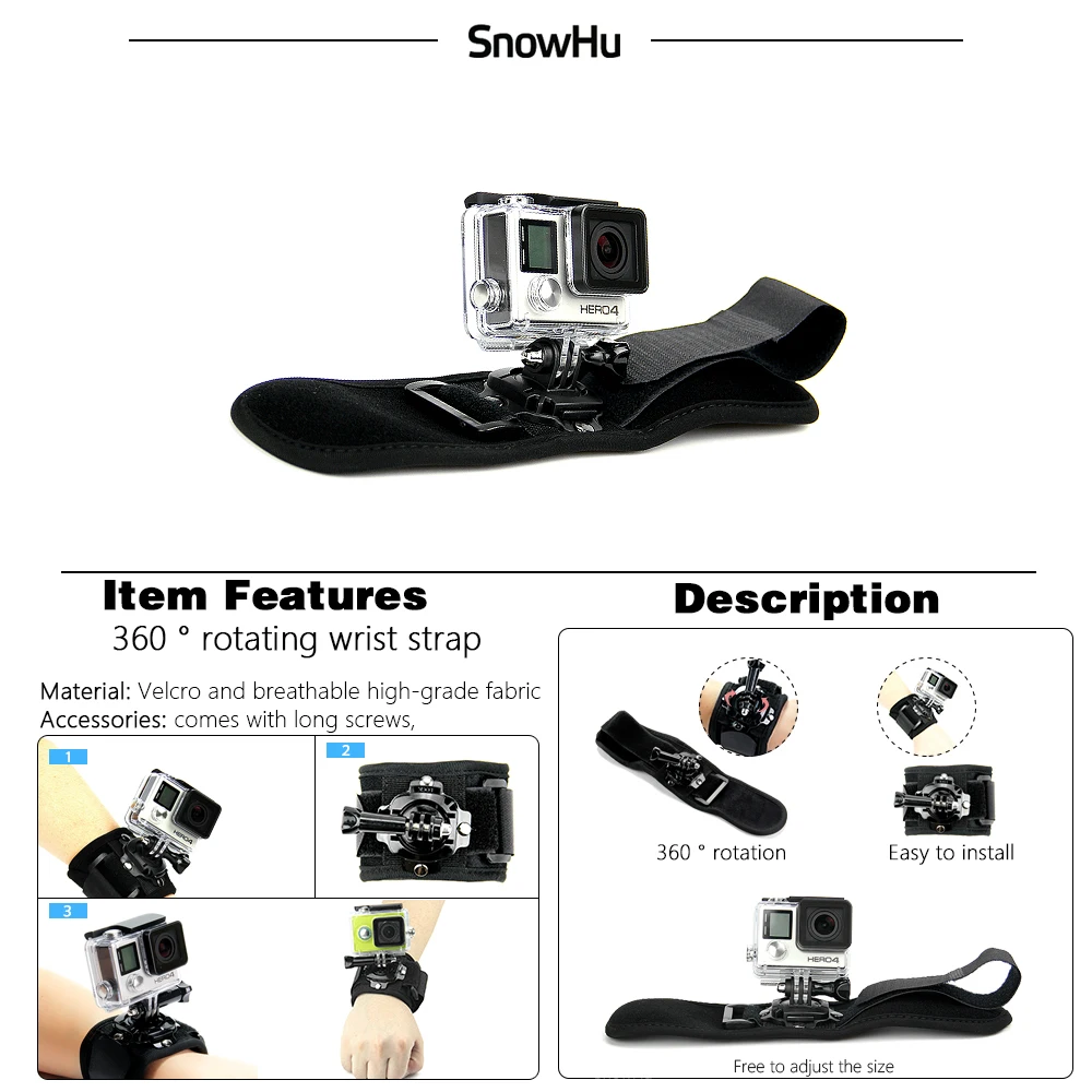 SnowHu для Gopro 360 градусов ремешок для крепления на запястье и винт для GO PRO Hero 8 7 6 5 4 3 2 для экшн-камеры SJ4000 GP128