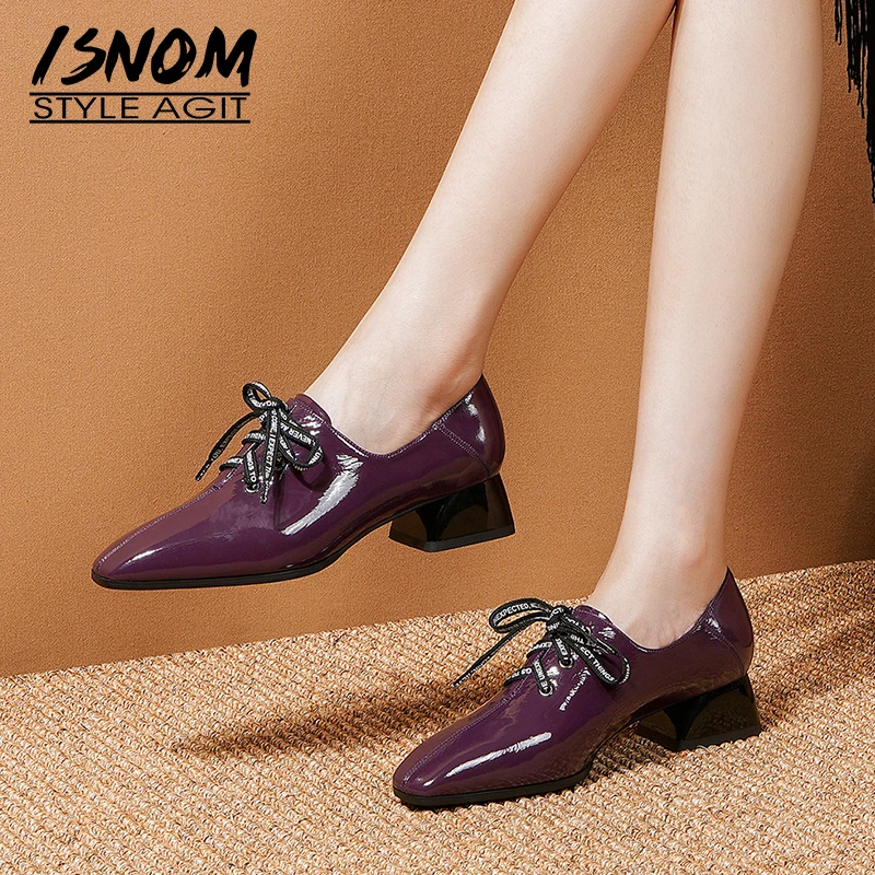 Туфли-лодочки женские из лакированной кожи на толстом каблуке шнуровке | Обувь