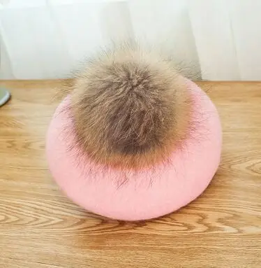 pink Зимние женские повседневные шерстяные береты, шапки, Толстая теплая шапка с помпоном из меха енота, вязаные кашемировые береты, шапки, зимняя шапка для девочек - Цвет: pink