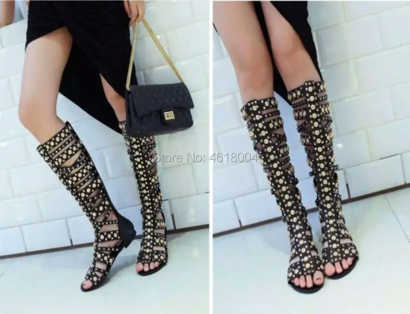 Женские сапоги гладиаторы KALMALL до колена с вырезами открытым носком на