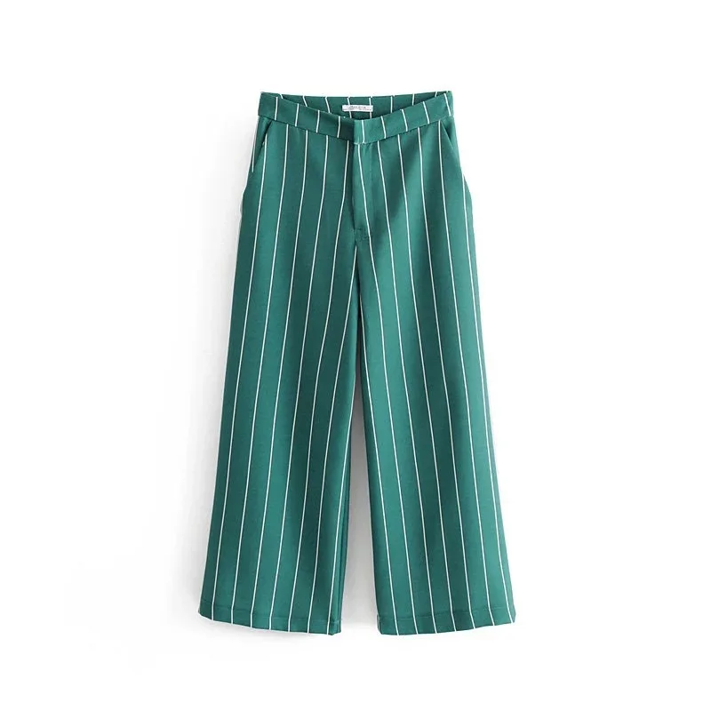 

Vintage Green Striped Pant Suits Fashion Pockets Single Button Notched Blazer Zipper Fly Straight Long Pants Casual Women Suits
