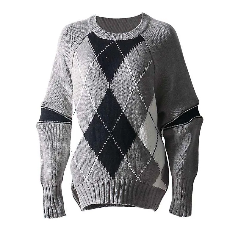 

2019 Hot Sale Cotton Full O-neck Spring New Casual Sweater Diamond Lattice Color Matching Sleeve Stitching Loose Pullover Woman