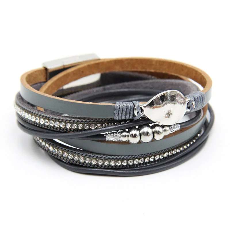 Multi-Layer Leather Wrap Bracelet Bracelet Boho Braided Cuff Bangle Bead Bracelet Handmade Magnetic Clasp Bracelet for Women