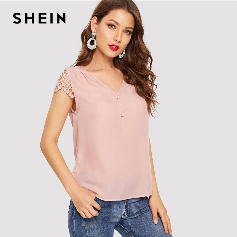 SHEIN Одноцветная Блуза С Кружевным Рукавом Повседневный Топ С Коротким Рукавом На Пуговицах