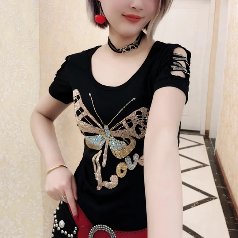 Женские рубашки с бабочками и бриллиантами женская летняя футболка 2021 открытыми