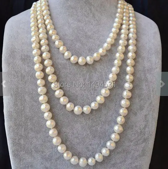 Wholesale Pearl Jewelry , 60 Inches White Color AA 9-10MM Genuine Freshwater Pearl Necklace - Handmade - New Free Shipping.