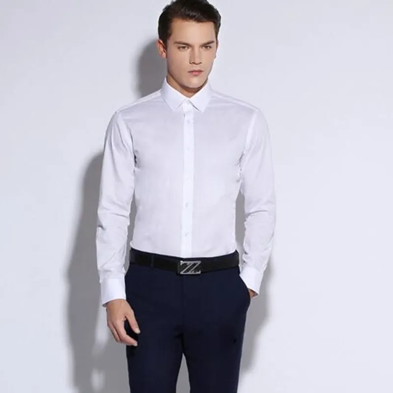 

shirt New Men's Slim Fit Solid Color White Long Sleeve Dress Shirt Square Collar No-Pocket Designed Business Casual Men Shirts